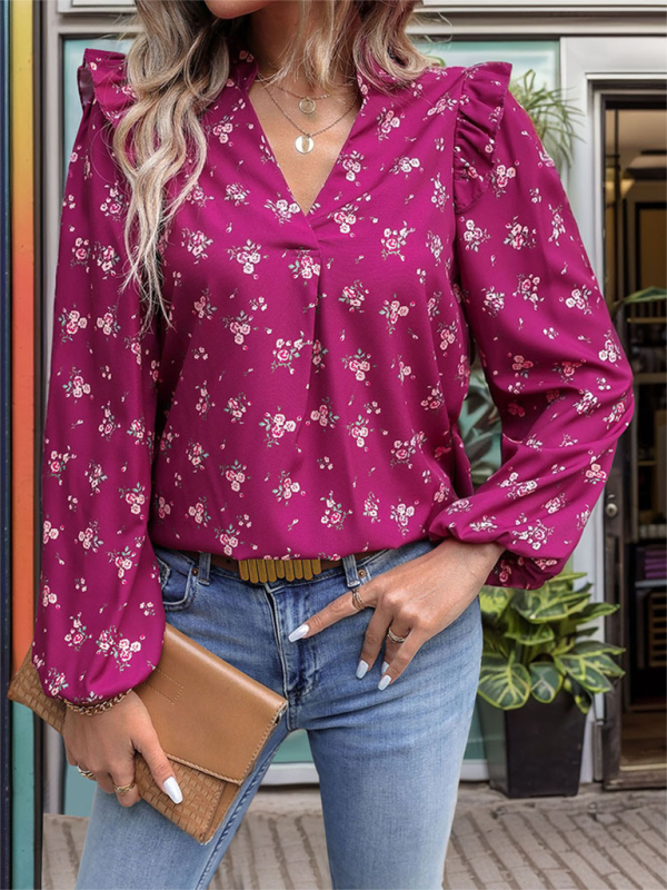 Damen Bluse mit Blumenmuster und Laternenärmeln – V-Ausschnitt, Herbst-Top