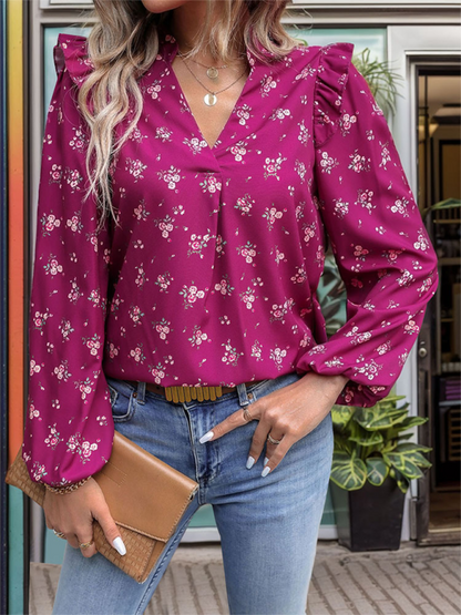 Damen Bluse mit Blumenmuster und Laternenärmeln – V-Ausschnitt, Herbst-Top