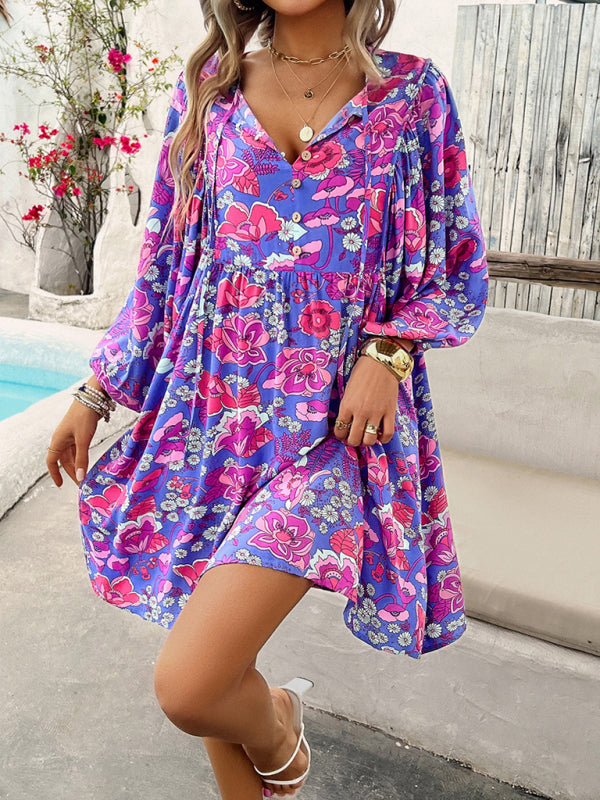 Fall Boho Dresses- Spring Floral Women's A-Line Lantern Sleeve Dress- - Pekosa Women Fashion