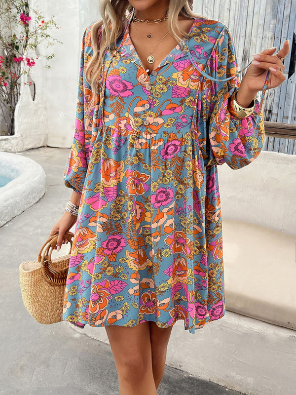 Fall Boho Dresses- Spring Floral Women's A-Line Lantern Sleeve Dress- - Pekosa Women Fashion