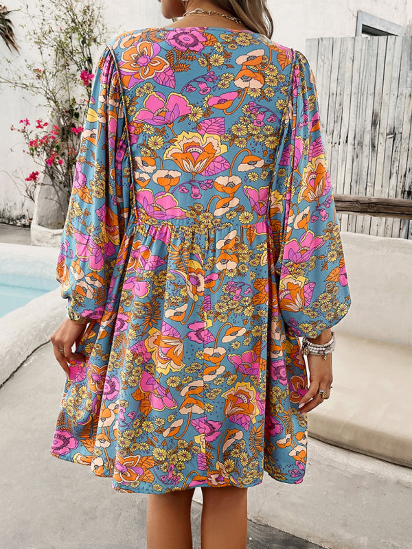 Fall Boho Dresses- Spring Floral Women's A-Line Lantern Sleeve Dress- - Pekosa Women Fashion