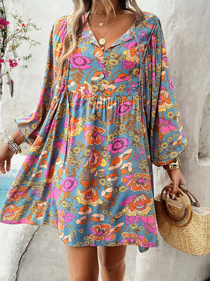 Fall Boho Dresses- Spring Floral Women's A-Line Lantern Sleeve Dress- - Pekosa Women Fashion