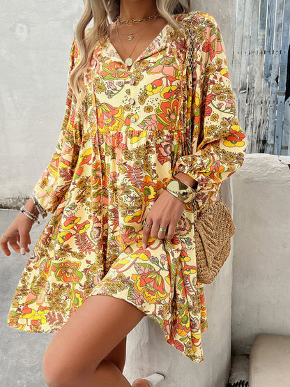 Fall Boho Dresses- Spring Floral Women's A-Line Lantern Sleeve Dress- - Pekosa Women Fashion