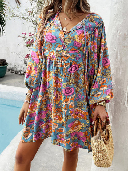 Fall Boho Dresses- Spring Floral Women's A-Line Lantern Sleeve Dress- Blue- Pekosa Women Fashion