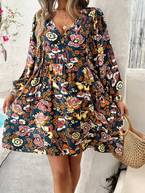 Fall Boho Dresses- Spring Floral Women's A-Line Lantern Sleeve Dress- Black- Pekosa Women Fashion