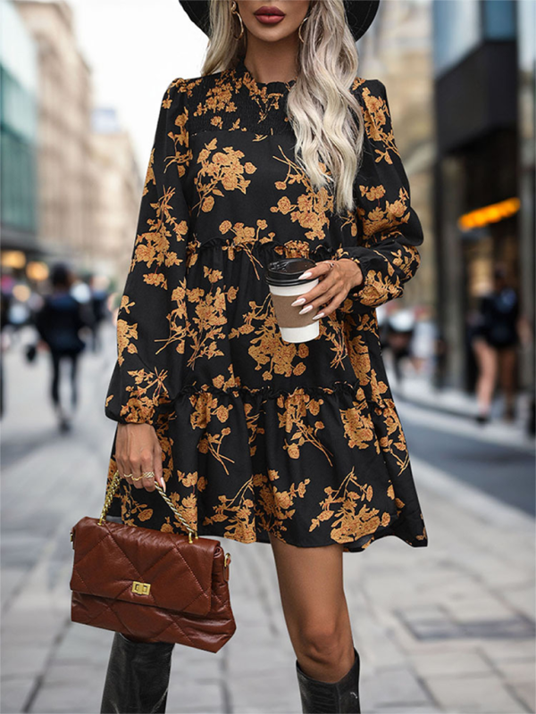 Robe trapèze à fleurs d'automne avec manches lanternes pour événements sociaux