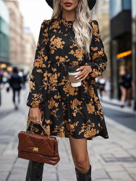 Herbstliches A-Linien-Kleid mit Blumenmuster und Laternenärmeln für gesellschaftliche Anlässe