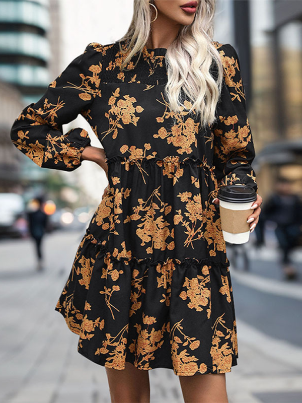 Autumn Floral A-Line Dress with Lantern Sleeves for Social Events