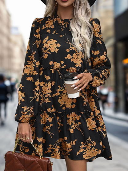 Robe trapèze à fleurs d'automne avec manches lanternes pour événements sociaux