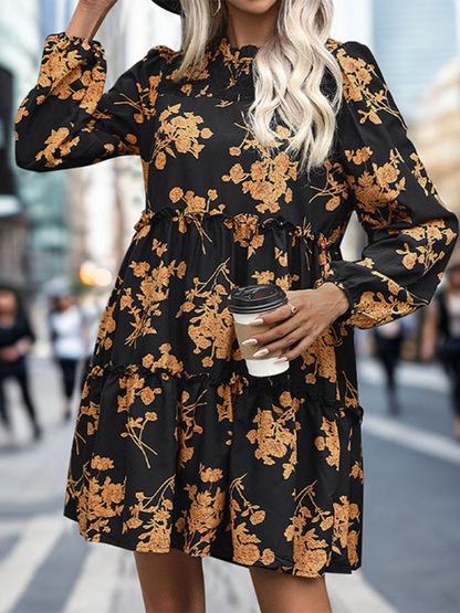 Autumn Floral A-Line Dress with Lantern Sleeves for Social Events