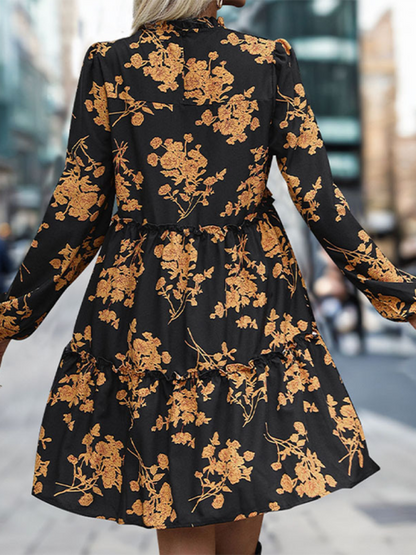 Autumn Floral A-Line Dress with Lantern Sleeves for Social Events