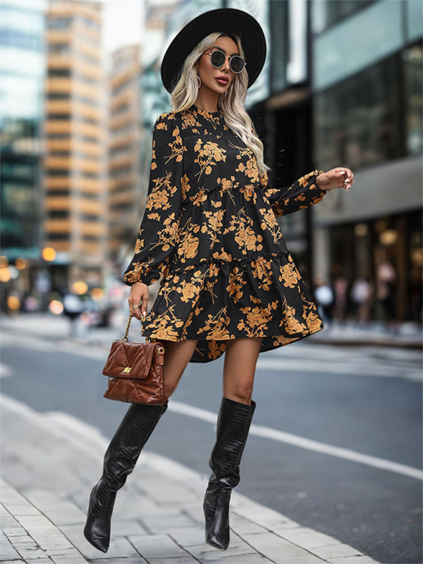 Autumn Floral A-Line Dress with Lantern Sleeves for Social Events