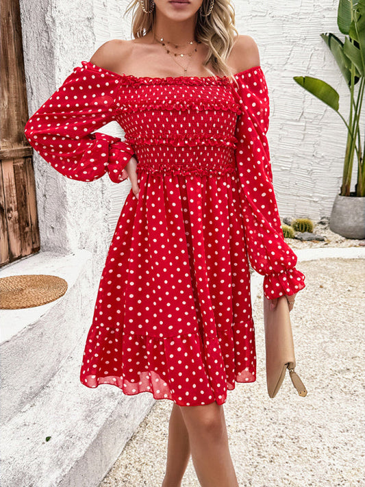 Fall Dresses- Polka Dot A-Line Off-Shoulder Dress for Cocktail Parties- Red- Pekosa Women Fashion