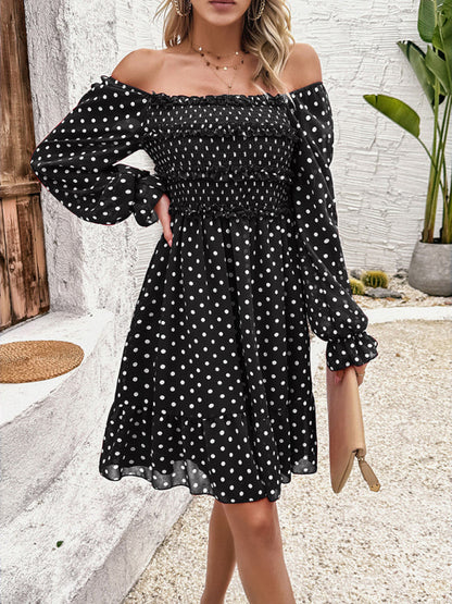 Fall Dresses- Polka Dot A-Line Off-Shoulder Dress for Cocktail Parties- - Pekosa Women Fashion