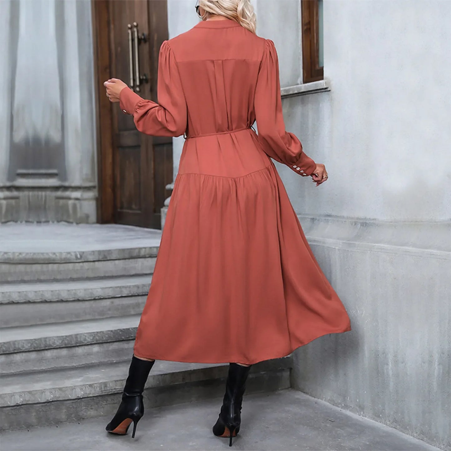 Fall Dresses- Solid Tiered Tie-Waist Midi Dress for Fall Family Gatherings- - Pekosa Women Fashion