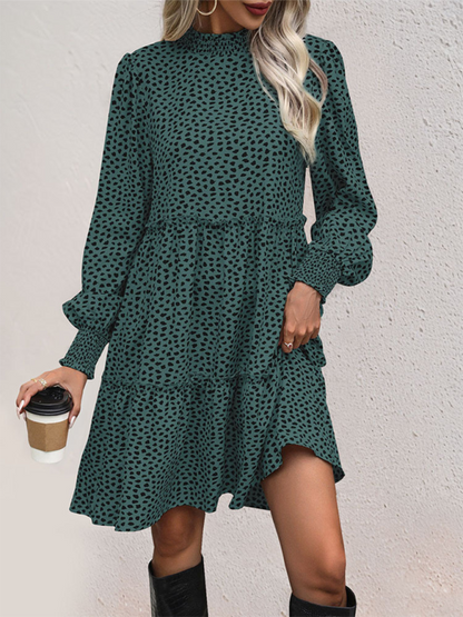 Fall Dresses- Women Frill Neck Tiered Dress for Autumn- Green black jasper- Chuzko Women Clothing