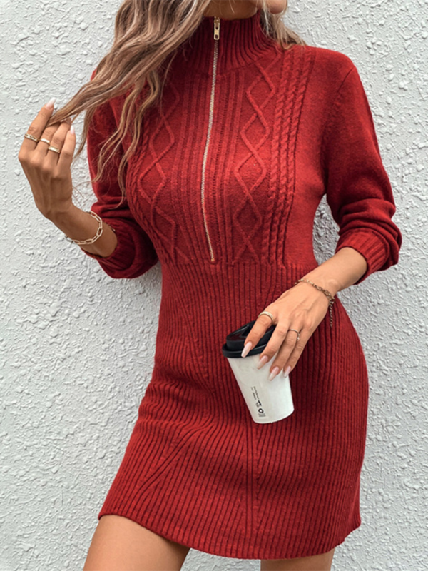 Fall Dresses- Women Red Knitted Zip-Front Dress - Ideal for Chilly Days- - Pekosa Women Fashion