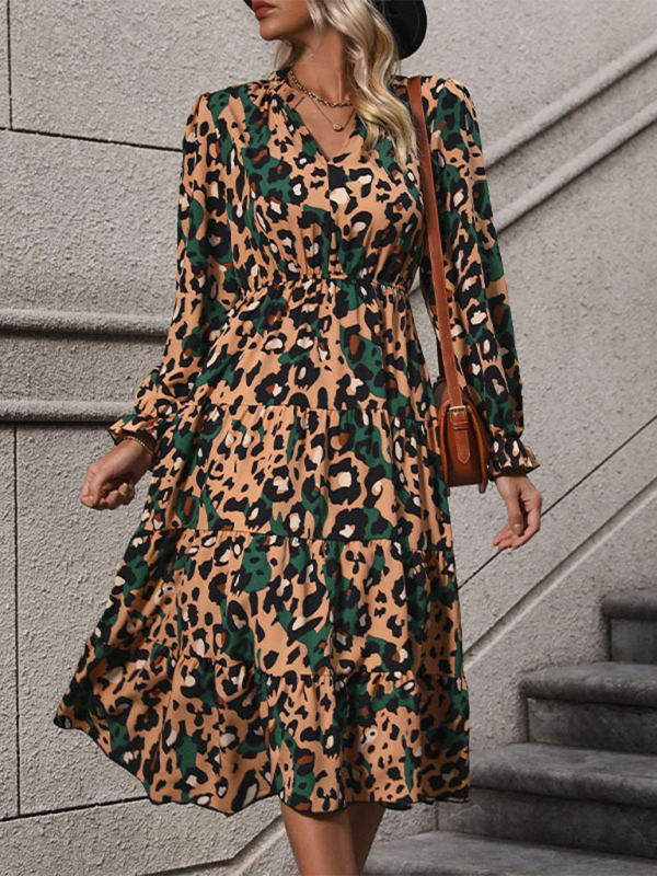 Fall Dresses- Women's Leopard Print Lantern Sleeve Midi Dress for Fall- - Chuzko Women Clothing