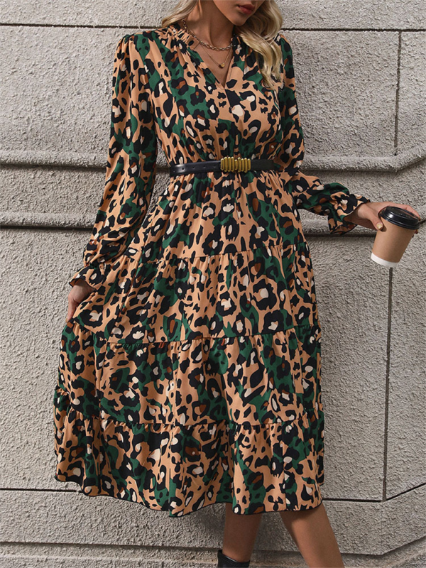 Fall Dresses- Women's Leopard Print Lantern Sleeve Midi Dress for Fall- - Chuzko Women Clothing