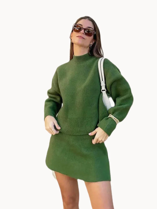 Fall Outfits- Green Cozy Set Oversized High Neck Sweater and Mini Skirt for Autumn- - Pekosa Women Fashion