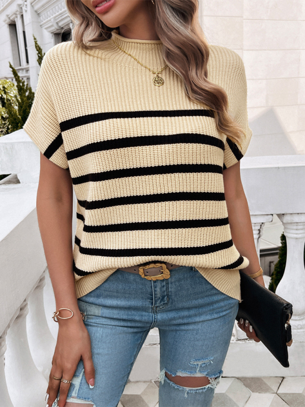 Fall Sweaters- Women's Fall Striped Knit High Neck Sweater Top- - Chuzko Women Clothing