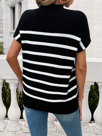 Fall Sweaters- Women's Fall Striped Knit High Neck Sweater Top- - Chuzko Women Clothing