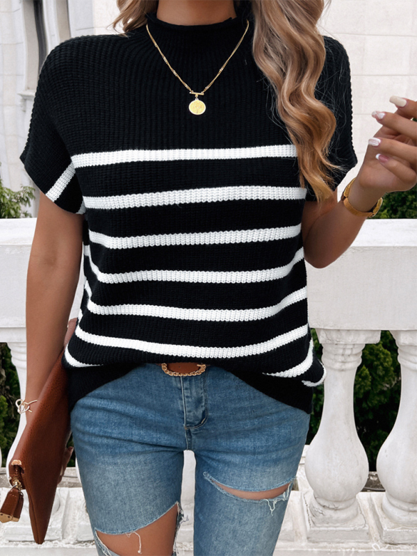 Fall Sweaters- Women's Fall Striped Knit High Neck Sweater Top- - Chuzko Women Clothing