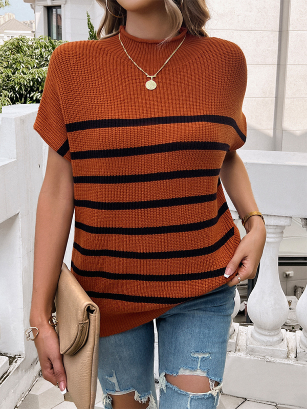 Fall Sweaters- Women's Fall Striped Knit High Neck Sweater Top- - Chuzko Women Clothing