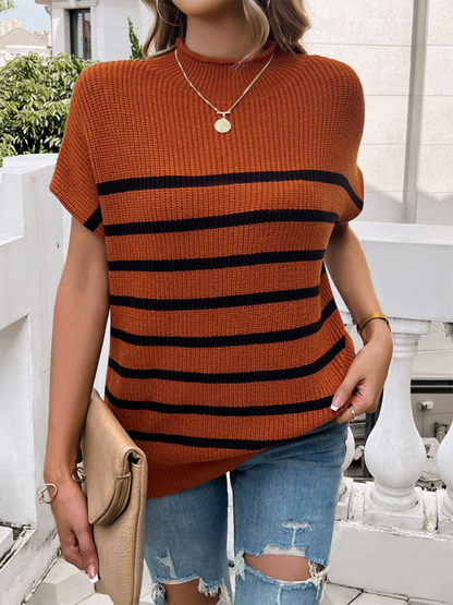 Fall Sweaters- Women's Fall Striped Knit High Neck Sweater Top- - Chuzko Women Clothing