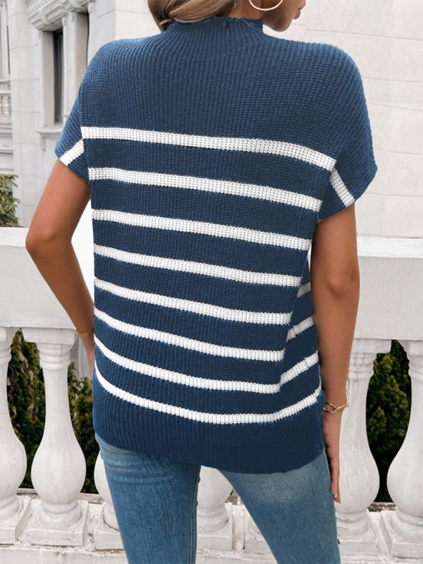 Fall Sweaters- Women's Fall Striped Knit High Neck Sweater Top- - Chuzko Women Clothing