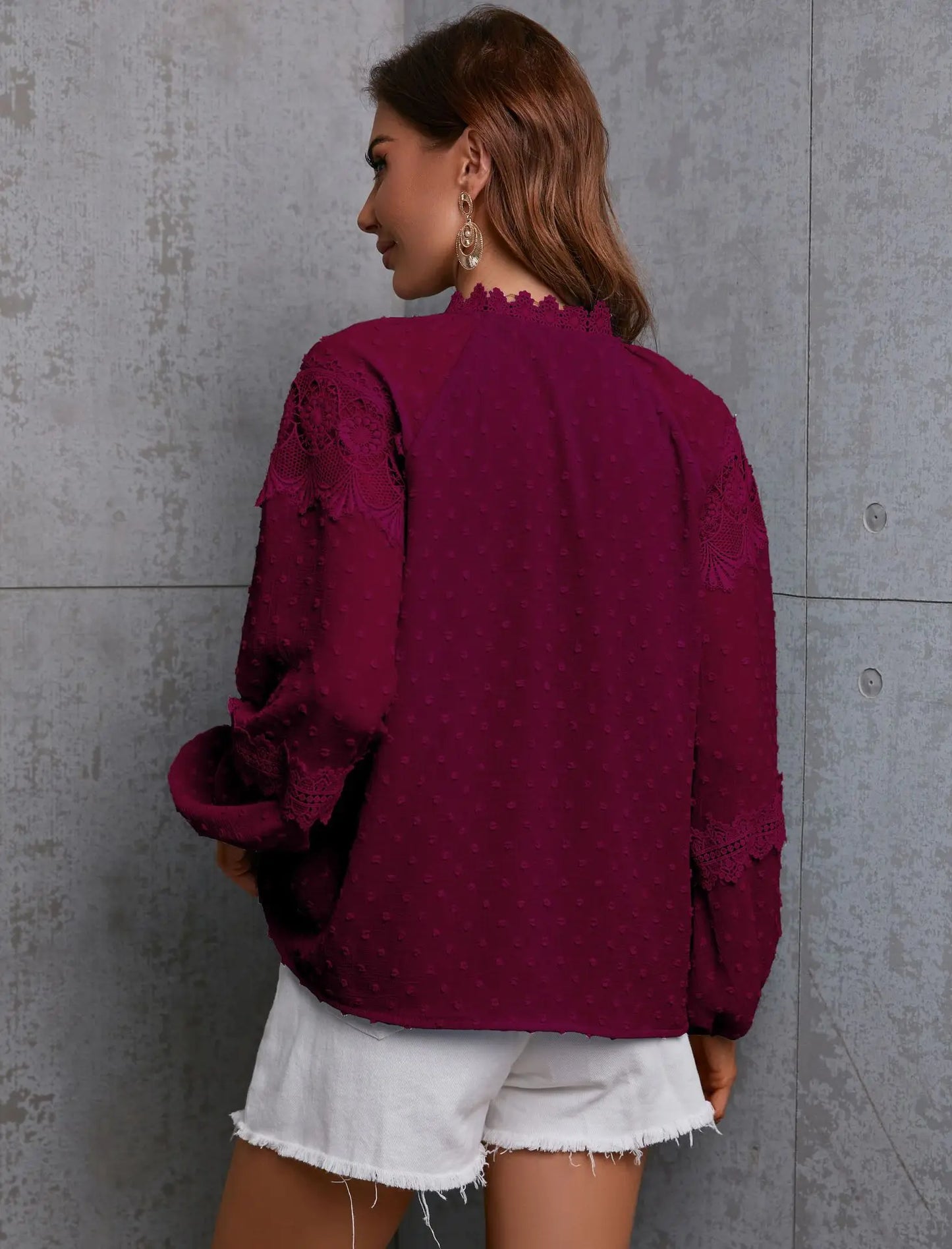 Fall Tops- Boho Lantern Sleeve Swiss Dot Blouse for Spring and Autumn- - Pekosa Women Fashion