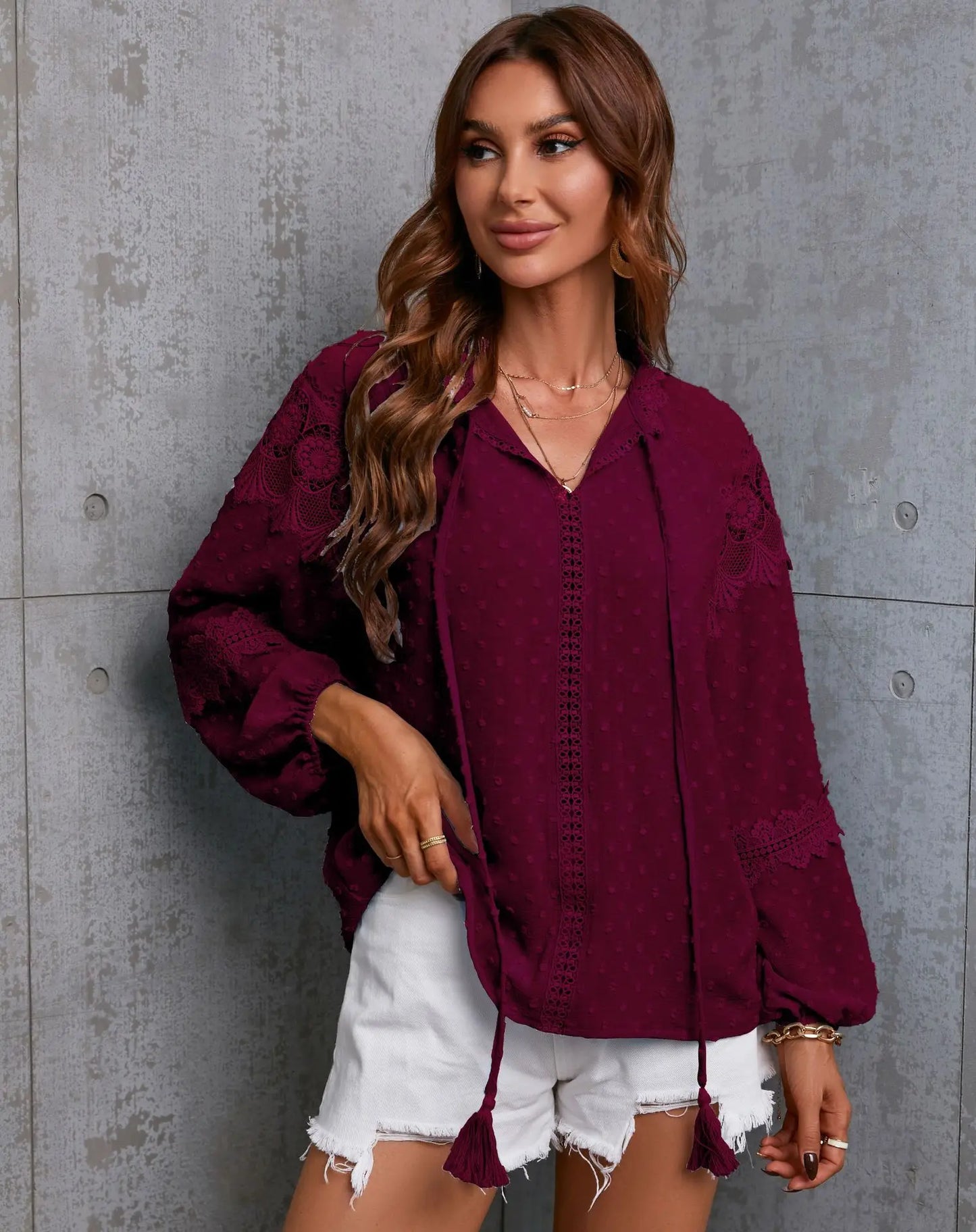 Fall Tops- Boho Lantern Sleeve Swiss Dot Blouse for Spring and Autumn- Claret- Pekosa Women Fashion