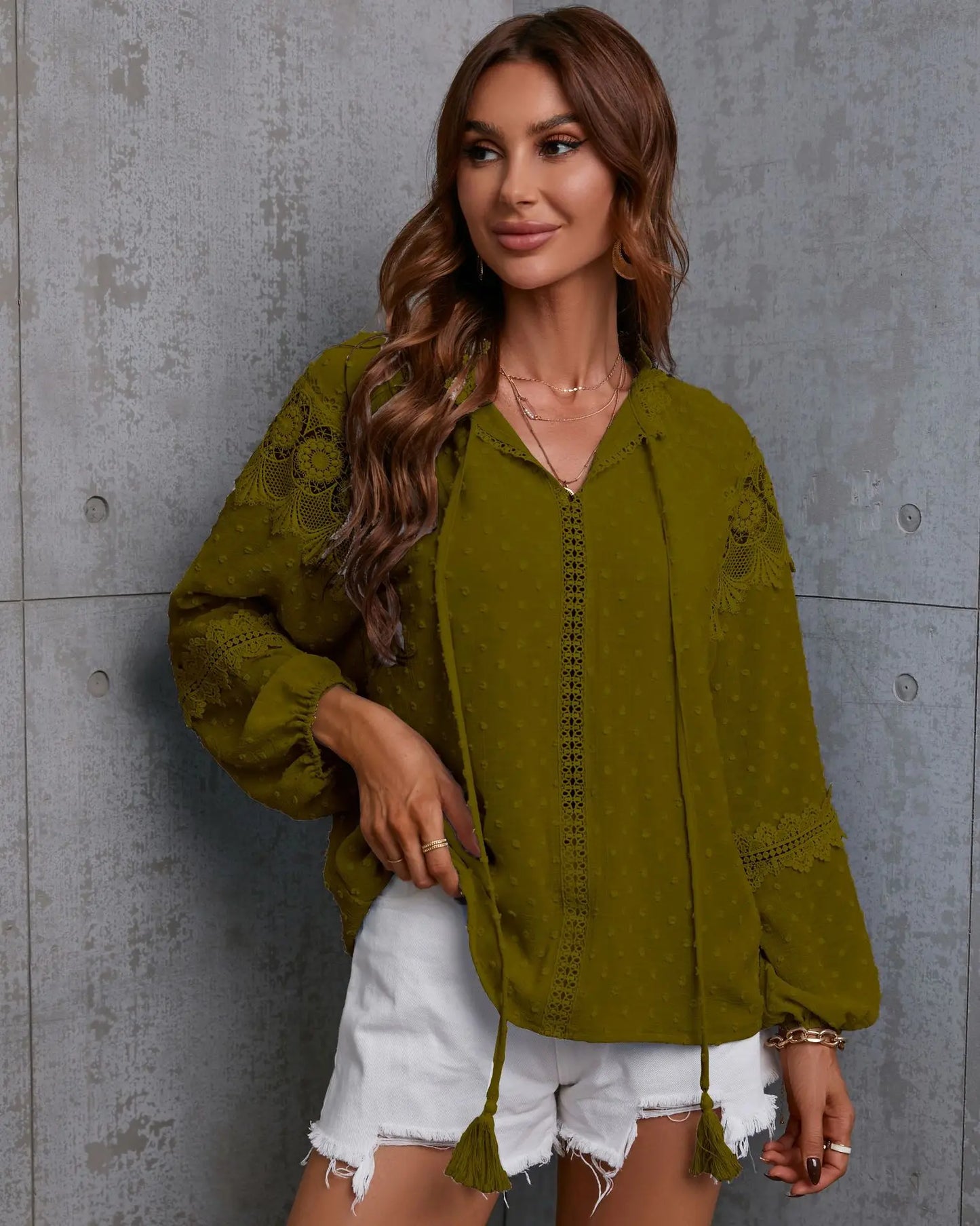 Fall Tops- Boho Lantern Sleeve Swiss Dot Blouse for Spring and Autumn- Green- Pekosa Women Fashion