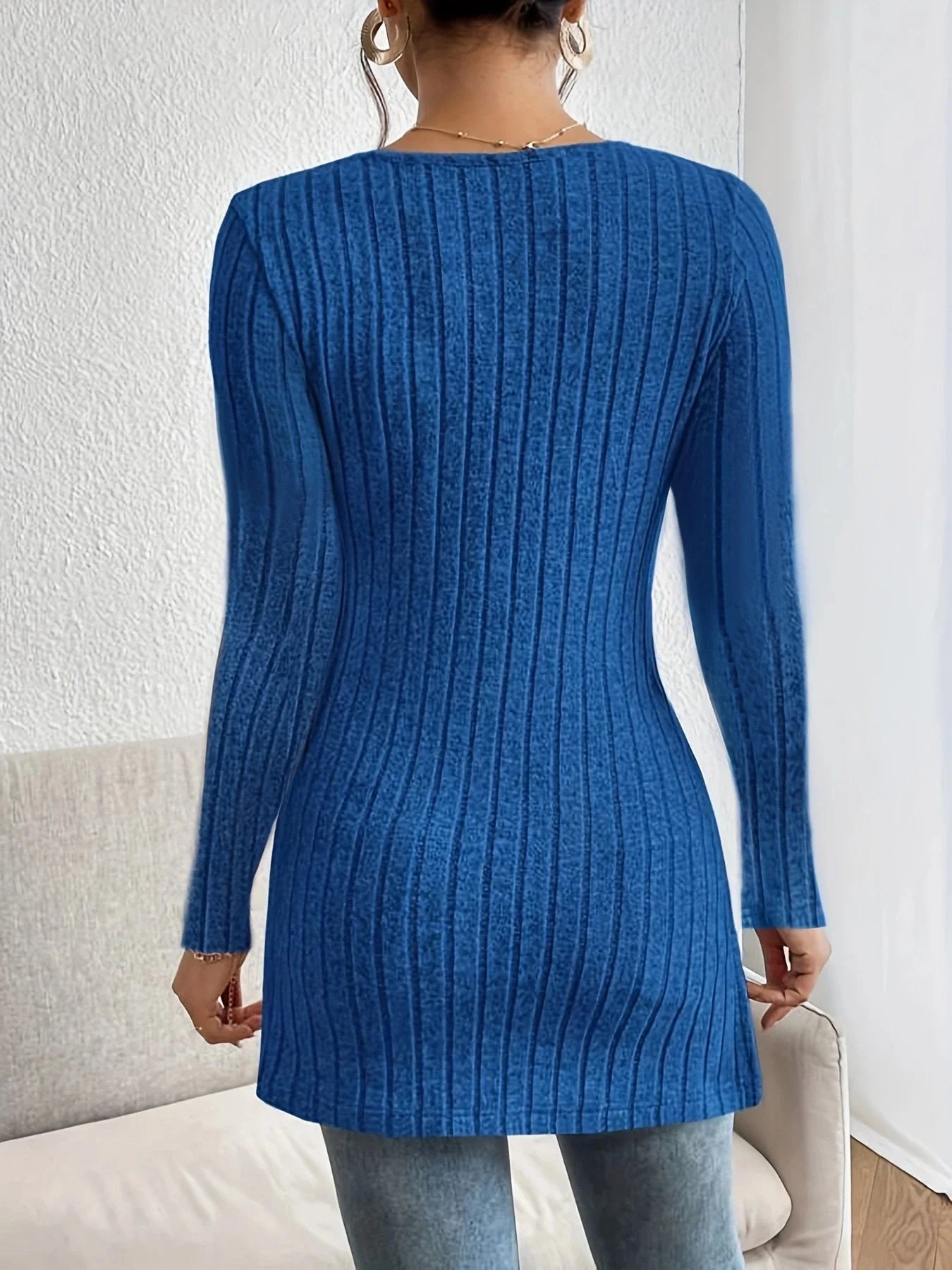 Women Mid-Length Ribbed Top - Cozy Zip-Up T-Shirt for Fall Days