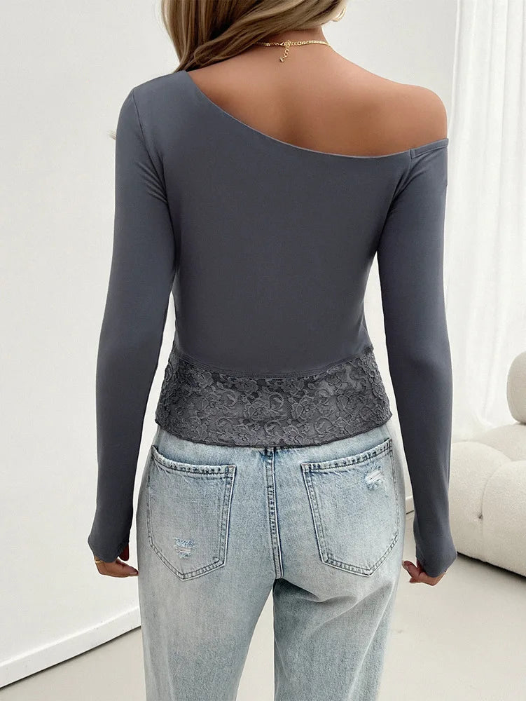 Fall Tops- Women One-Shoulder Long Sleeve Fall Top with Lace Hem- - Pekosa Women Fashion