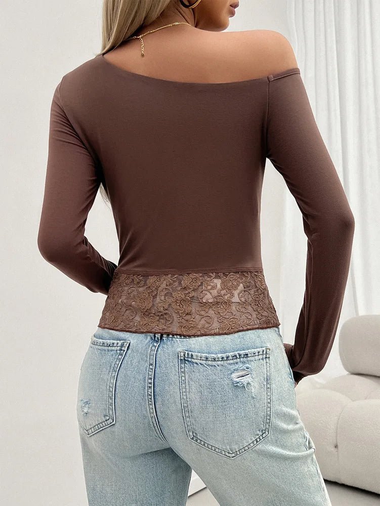 Fall Tops- Women One-Shoulder Long Sleeve Fall Top with Lace Hem- - Pekosa Women Fashion