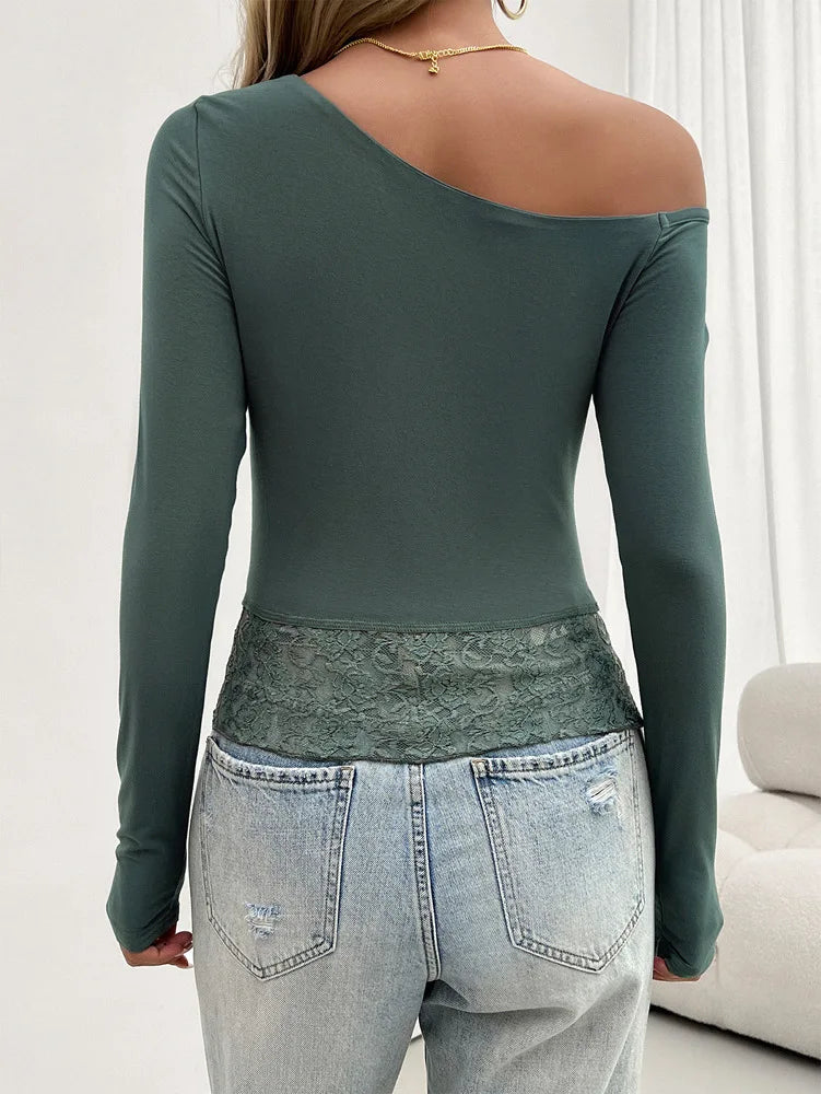 Fall Tops- Women One-Shoulder Long Sleeve Fall Top with Lace Hem- - Pekosa Women Fashion