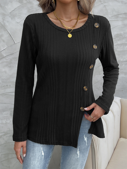 Fall Tops- Women Ribbed Fall Top with Gold-Tone Buttons- - Pekosa Women Fashion