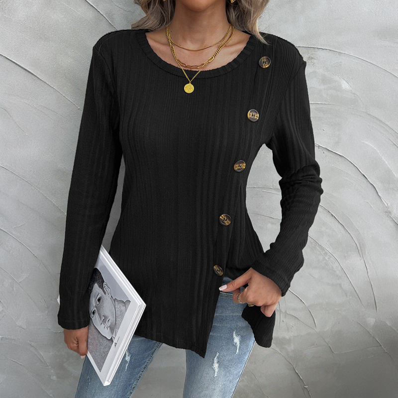 Fall Tops- Women Ribbed Fall Top with Gold-Tone Buttons- Black- Pekosa Women Fashion