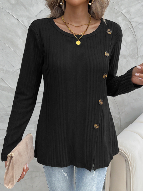 Fall Tops- Women Ribbed Fall Top with Gold-Tone Buttons- - Pekosa Women Fashion