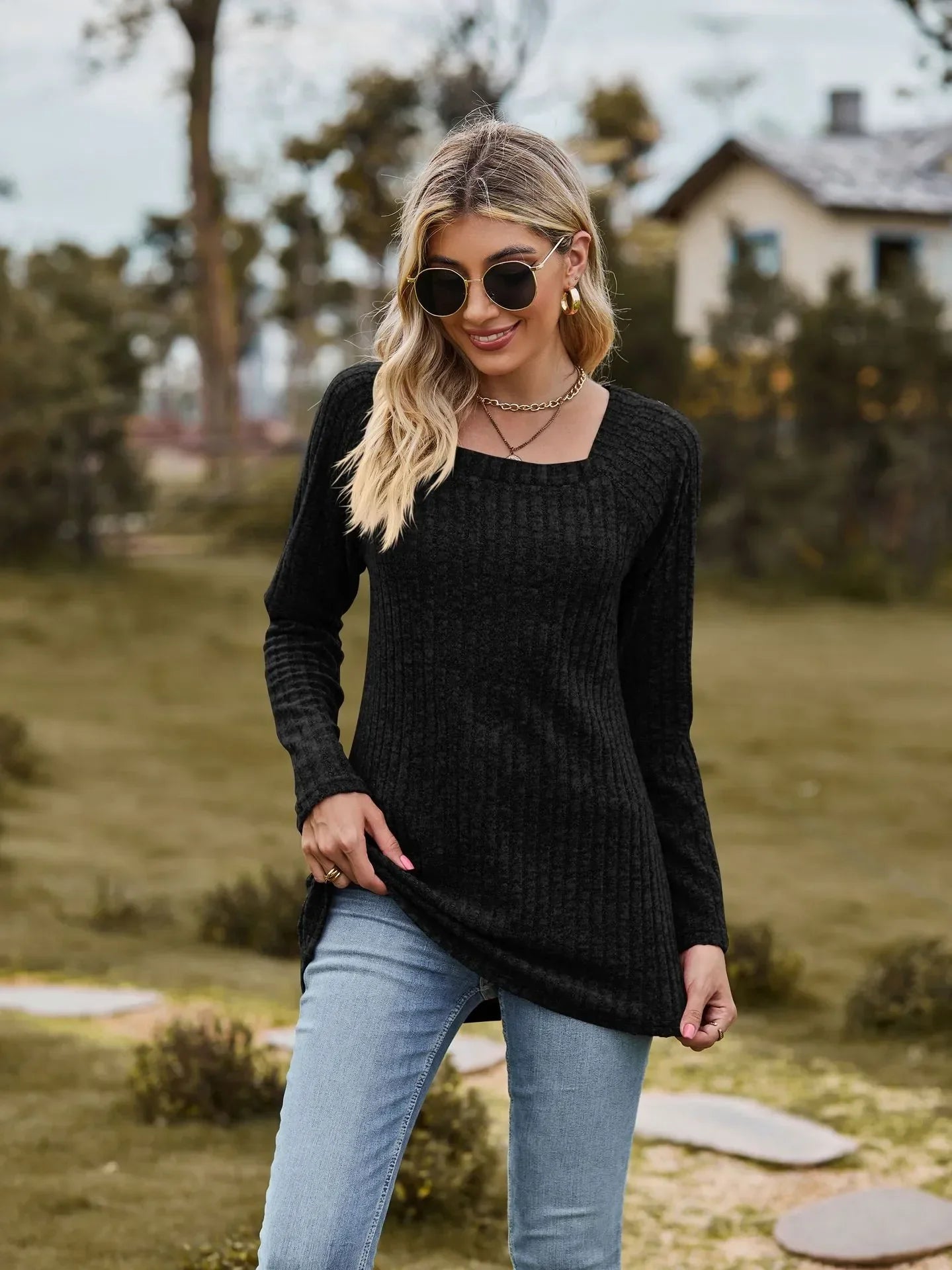 Women Square Neck Ribbed Top for Casual Fall Days