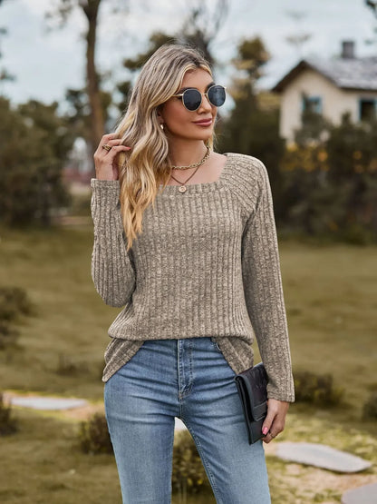 Women Square Neck Ribbed Top for Casual Fall Days