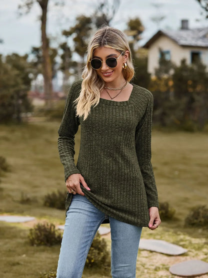 Women Square Neck Ribbed Top for Casual Fall Days