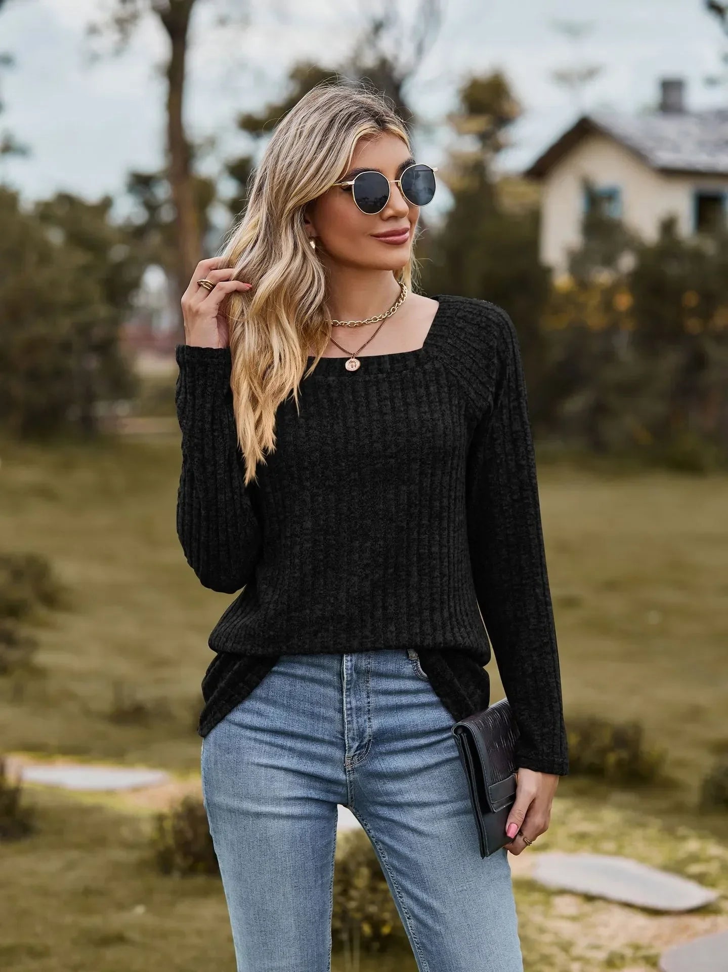 Women Square Neck Ribbed Top for Casual Fall Days