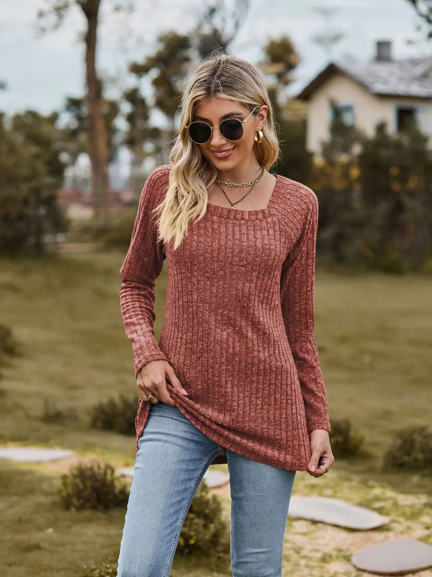 Women Square Neck Ribbed Top for Casual Fall Days