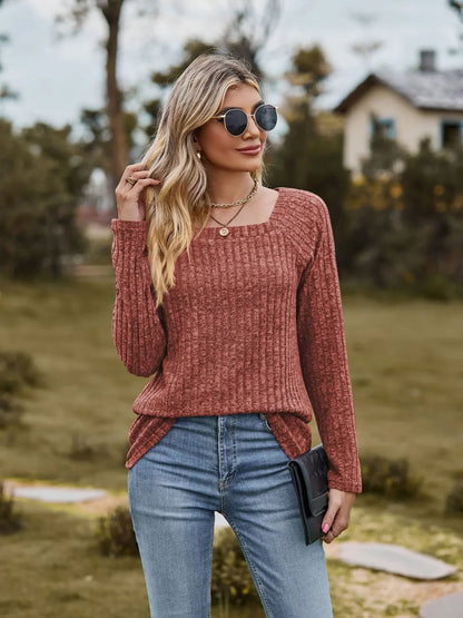 Women Square Neck Ribbed Top for Casual Fall Days