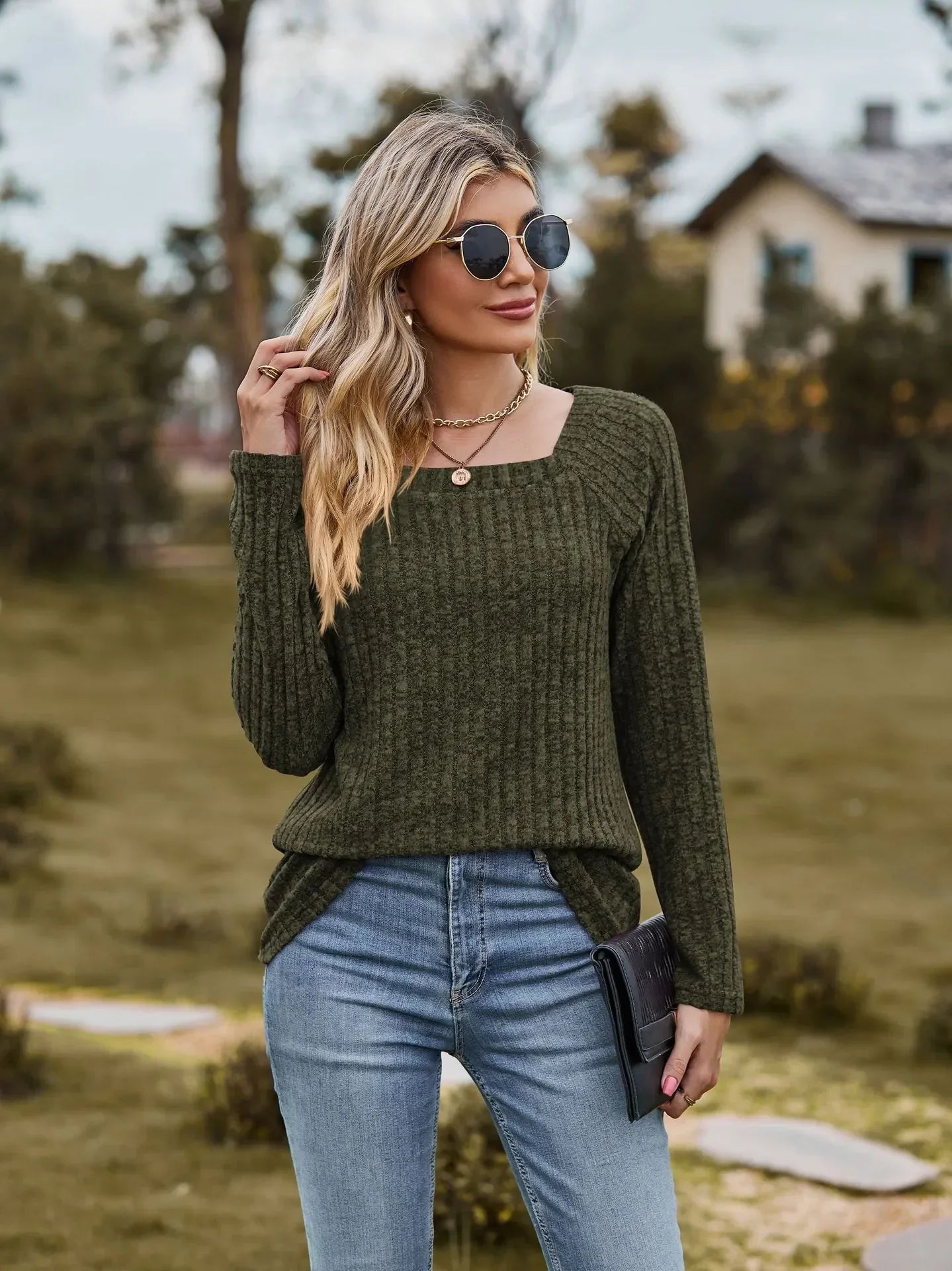 Women Square Neck Ribbed Top for Casual Fall Days