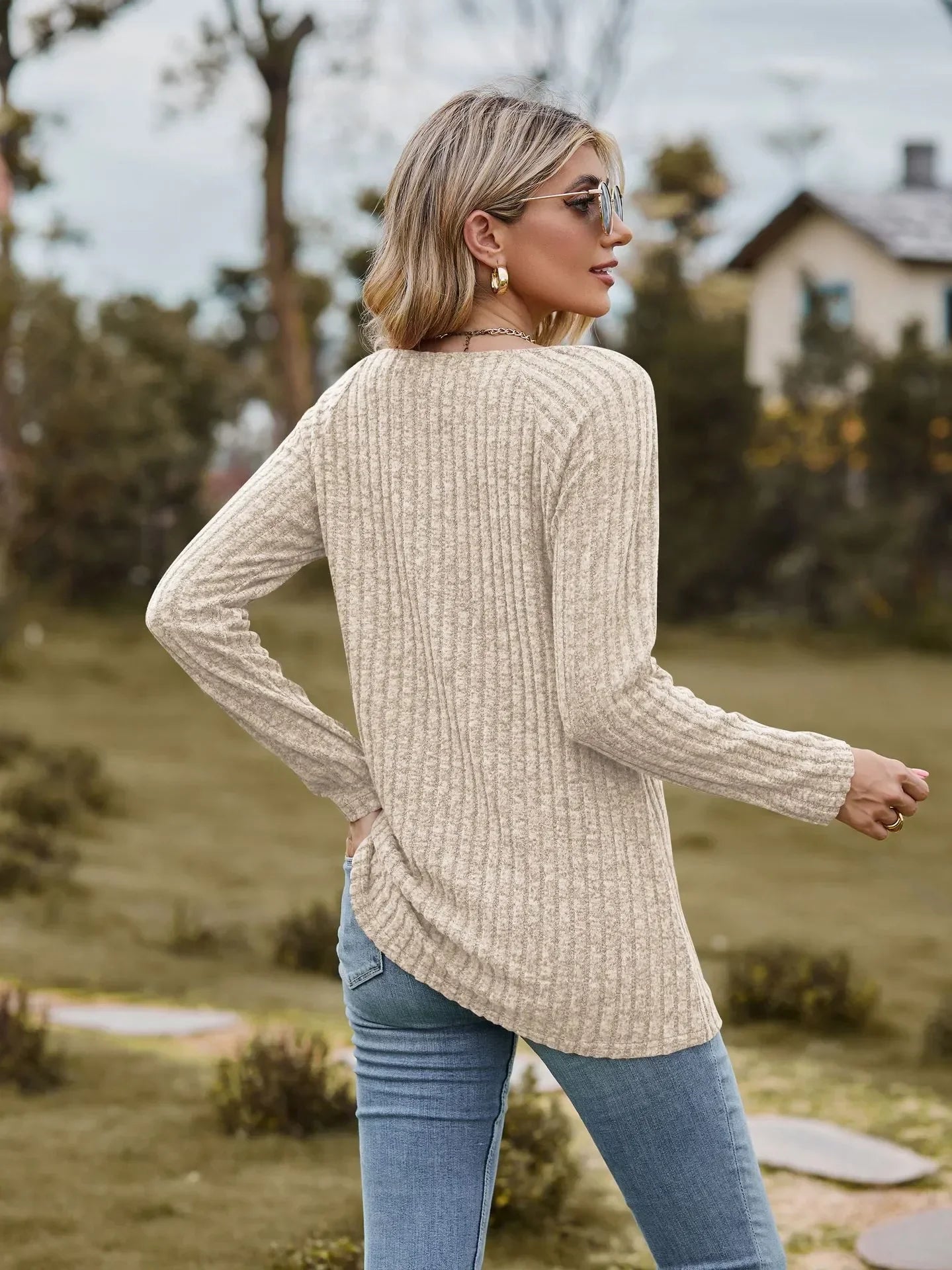 Women Square Neck Ribbed Top for Casual Fall Days