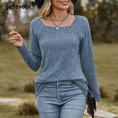 Women Square Neck Ribbed Top for Casual Fall Days