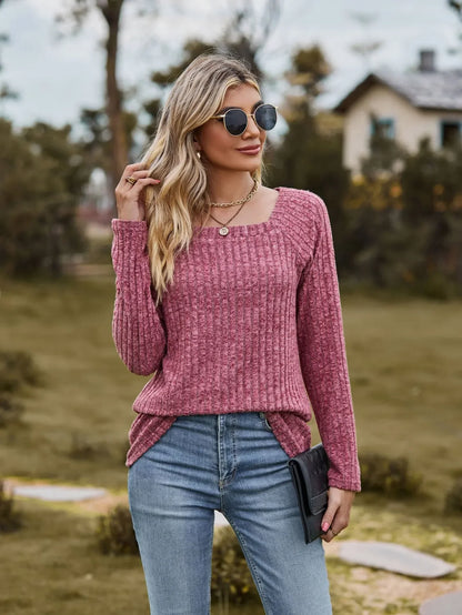 Women Square Neck Ribbed Top for Casual Fall Days